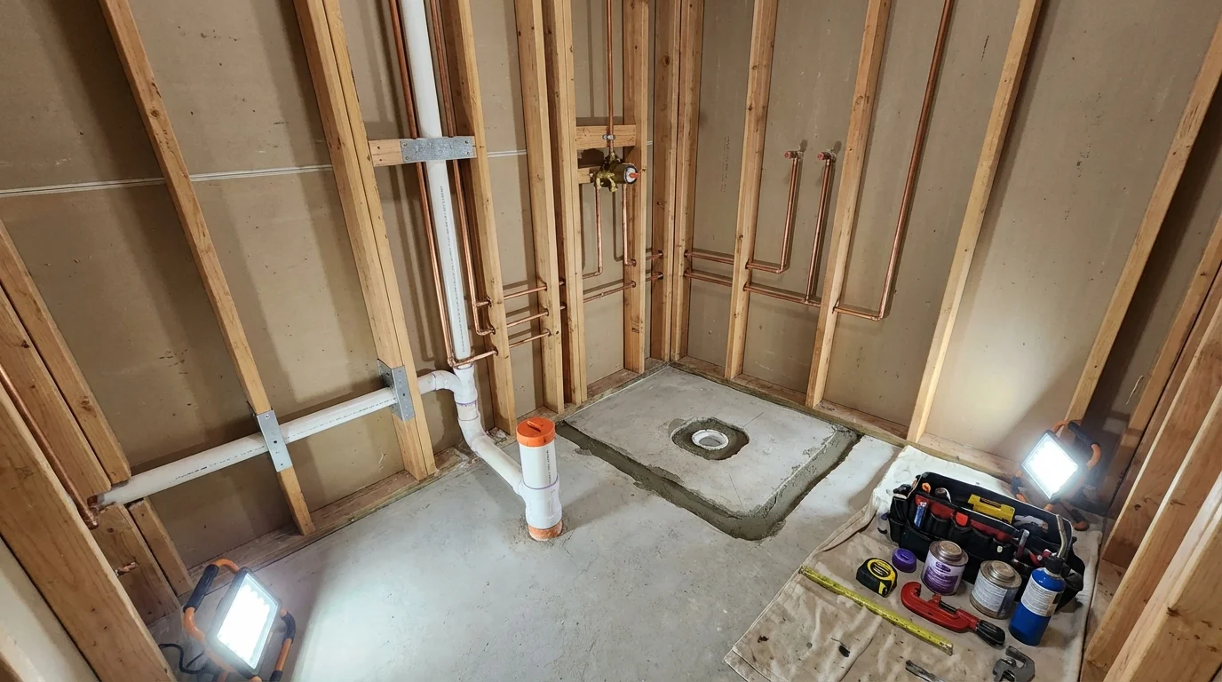 Bathroom rough-in plumbing during remodel by Johns Plumbing LLC in Chino