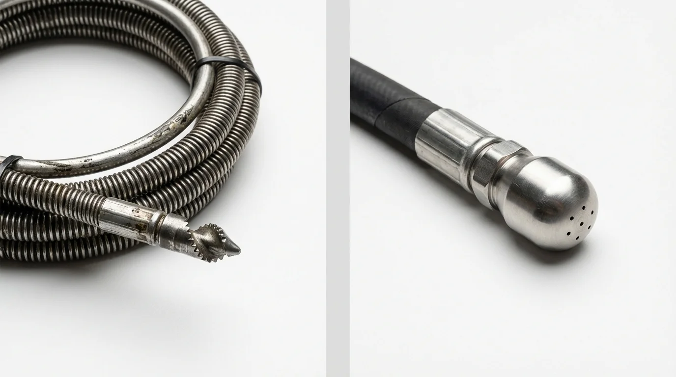 Drain snake cable and hydro jetting nozzle used for drain cleaning in Chino, CA