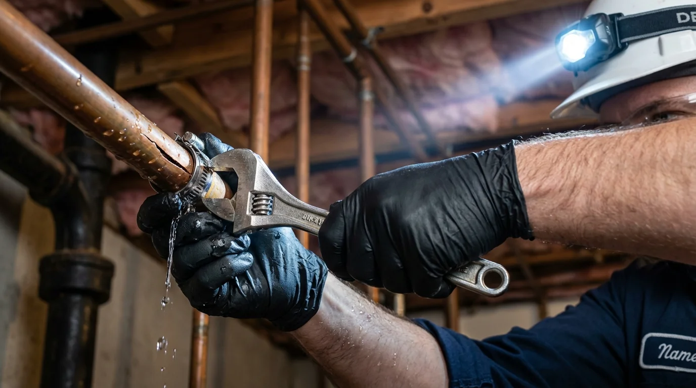 Emergency pipe clamp repair being performed by a Johns Plumbing LLC plumber in Chino