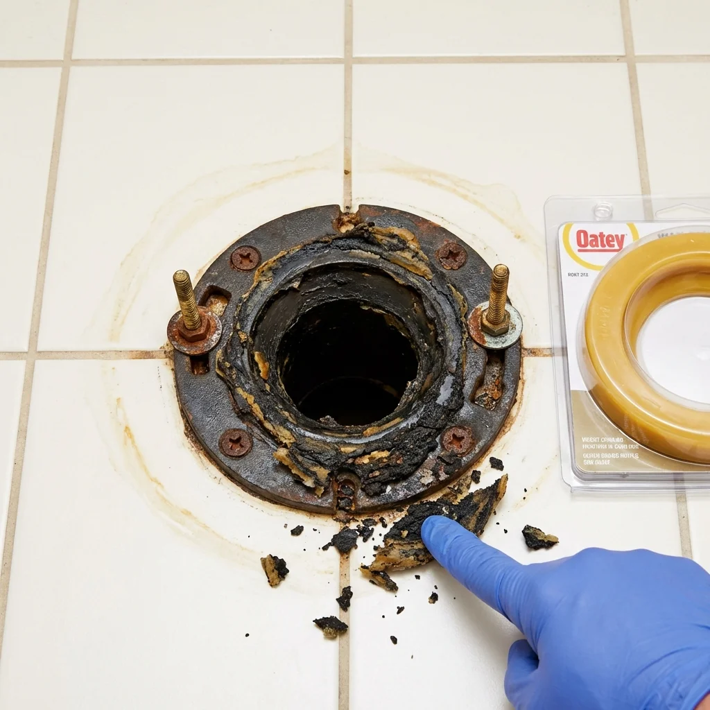 Failed wax ring showing water seepage at the base of a toilet in a Chino, CA home