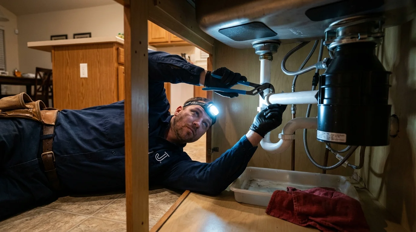 P-trap and supply line connections under a kitchen sink showing a common leak point in Chino, CA